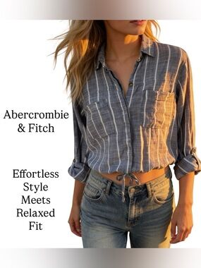 Abercrombie & Fitch Blue Striped Chambray Cropped Cinched Waist Button Up Shirt